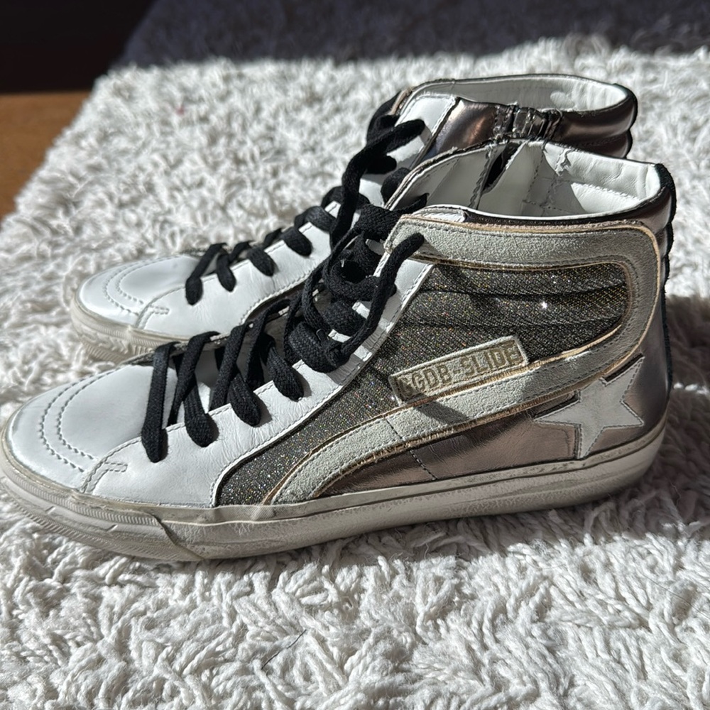 Golden Goose White and Silver High-Top Sneakers